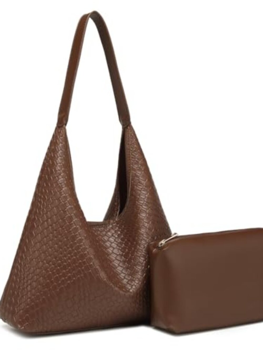 Woven Faux Leather Hobo Shoulder Bag Tote with Cosmetic Bag